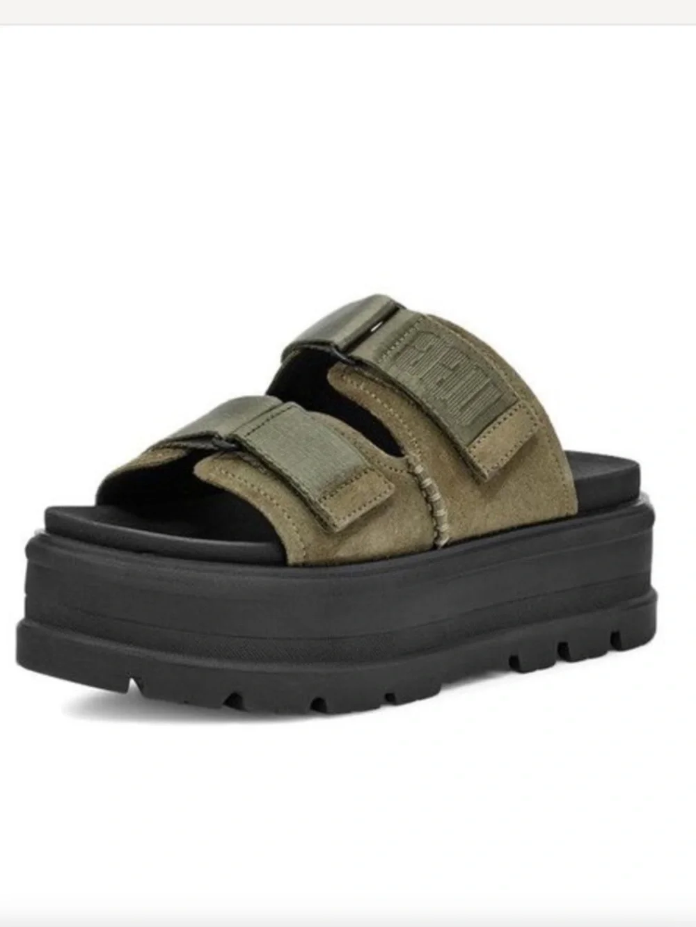 UGG Women’s Clem Suede Leather Burnt Olive Green Platform Slide Chunky Sandals 7